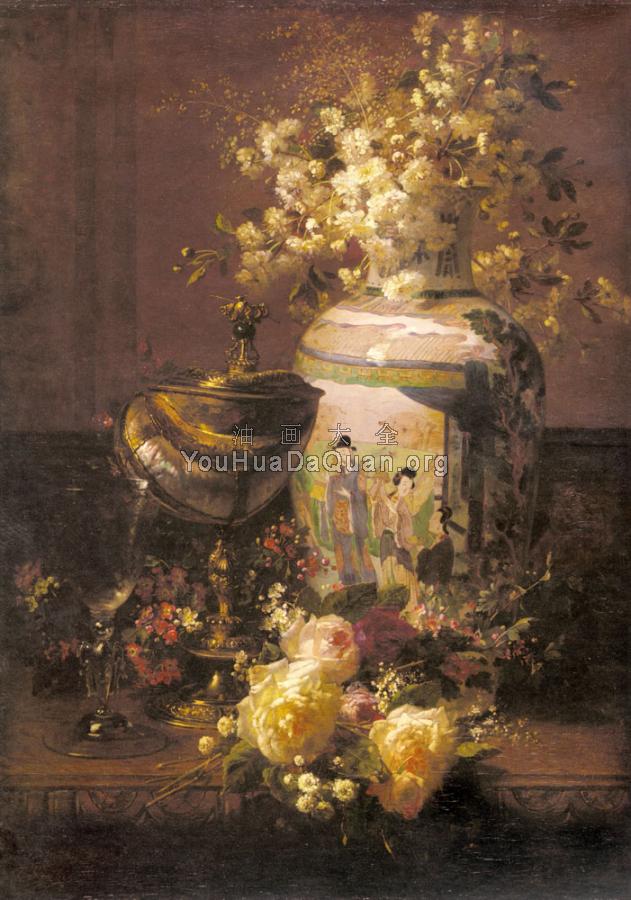 Still Life With Japanese Vase And Flowers - 简·巴普蒂斯特·罗宾